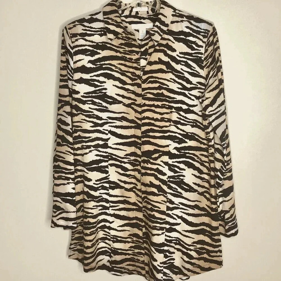Chico's No-Iron Tiger Print Tunic Button Down Blouse, Size M/8 (Chico Size 1) - Picture 1 of 11